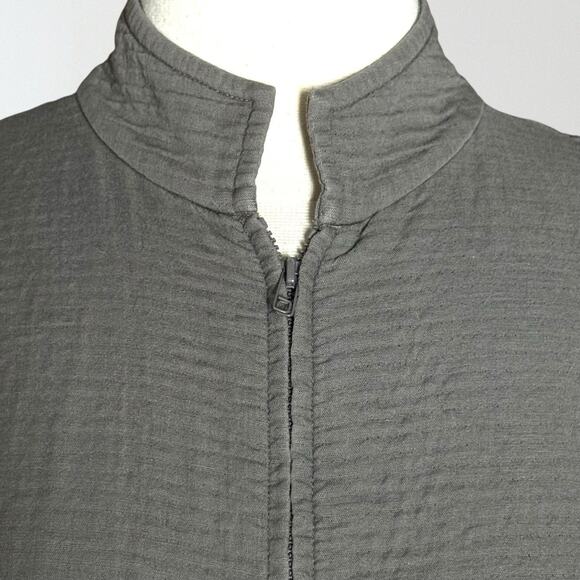 Eileen Fisher Gray Khaki Full Zip Jacket Size M Pockets Textured Cotton Short - Picture 3 of 8